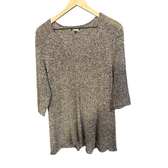 Eileen Fisher Womens Medium V-Neck Knit Top 3/4 Sleeve Linen Wool Blend Black Be - Picture 1 of 4